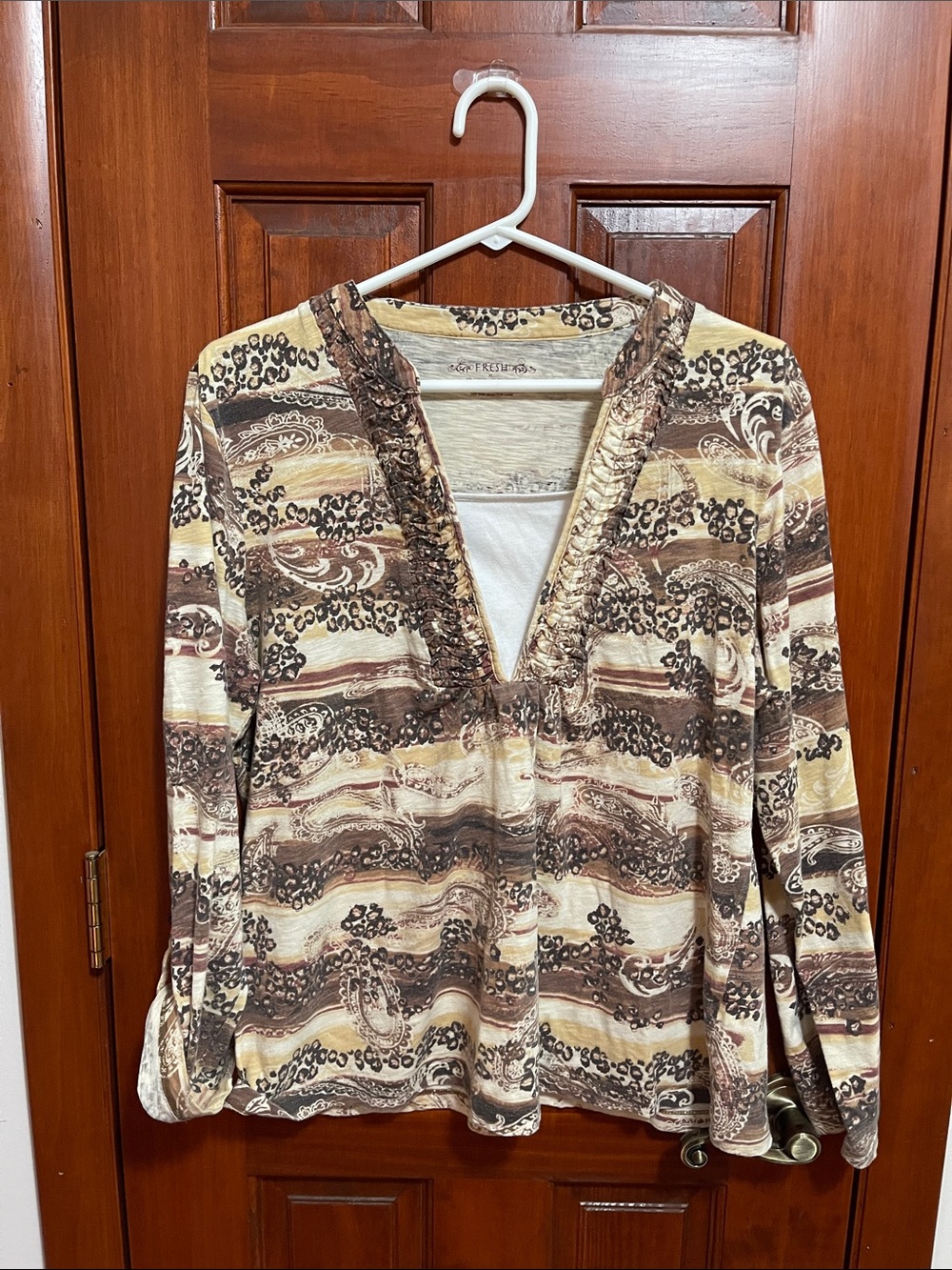 fresh Beige and Brown Floral-Trim V-Neck Top